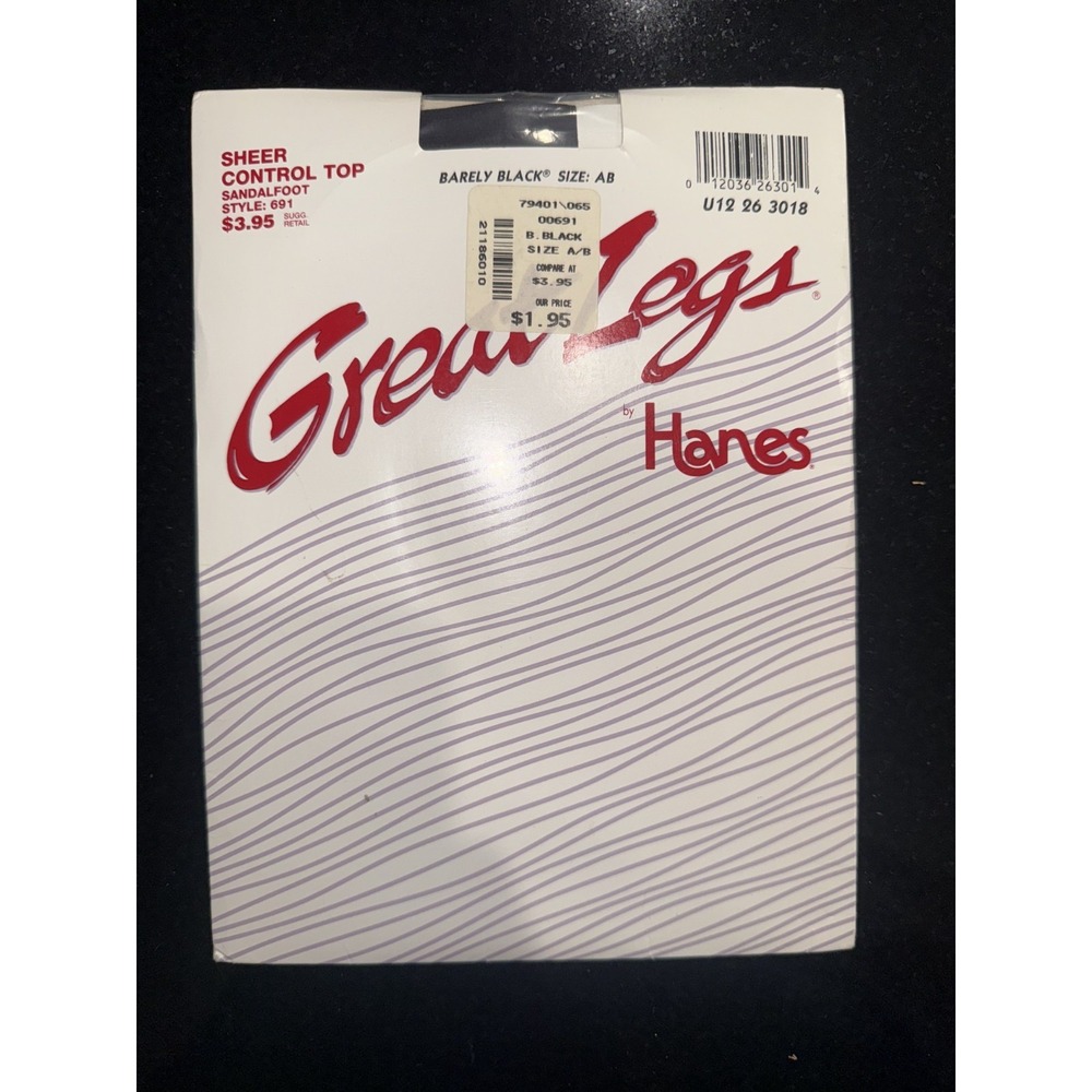 **Vintage 80's Hanes Great Legs Pantyhose Barely Black Sheer Sandalfoot Size AB